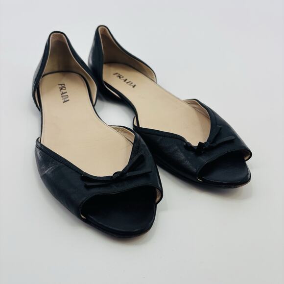 Prada Leather D'orsay Flats Slip On Open Toe Shoes Black Size 39.5 /US 9 Women - Picture 3 of 8